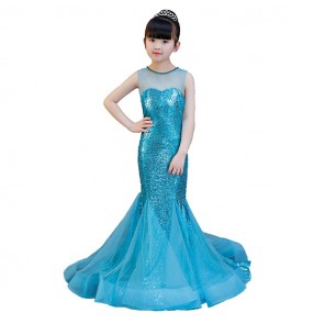 Turquoise evening dresses for girls children princess flower girls singers host piano performance birthday party celebration mermaid dresses