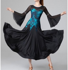 Turquoise purple leopard printed competition ballroom dancing dresses for women girls flare sleeves waltz tango foxtrot smooth dance long dress for female
