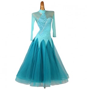 Turquoise rhinestones competition ballroom dance dress for women girls stage performance ballroom tango waltz dance dress long swing skirts