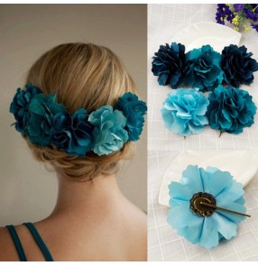 Turquoise rose head flowers for women girls latin ballroom ballet dance Korean evening dress hair accessories fabric flower hair clip hairpin head accessories