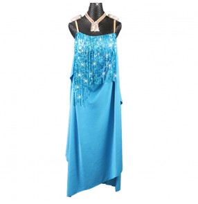 Turquoise sequined tassels comeptition stage performance latin dance dresses for women girls latin dance costumes for female