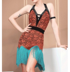 Turquoise tassel with brown lace Latin dance dress for women girls fringed  salsa chacha dance dresses performance dress