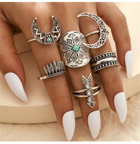 Turquoise Totem Horn Ring for women 6pcs in one set Hollow Moon Arrow Woods Joint Ring Set fashion jewelry for singers
