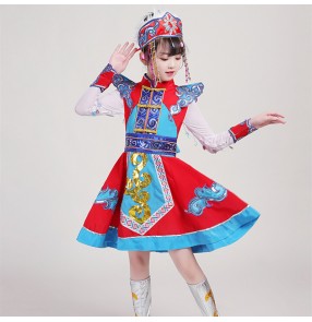 Turquoise with red Mongolian dance costumes for children girls Ethnic minority mongolia performance robe photos shooting drama cosplay kindergarten mongolian clothes