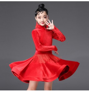 Velvet competition ballroom latin dresses for girls children dance school long sleeves red blue pink black professional salsa rumba dancing dress