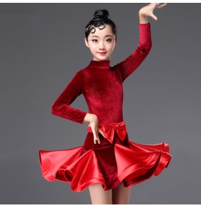 Velvet latin dresses for girls kids children long sleeves red dark green pink competition professional ballroom salsa rumba dancing dresses