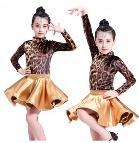 Velvet leopard ballroom dresses competition latin dress for girls children stage performance salsa rumba chacha dancing costumes leotards skirts