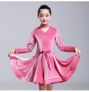 Velvet long sleeves latin dresses for girls kids children ballroom salsa chacha rumba stage performance clothes dress