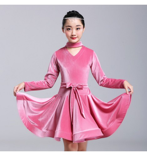 Velvet long sleeves latin dresses for girls kids children ballroom ...