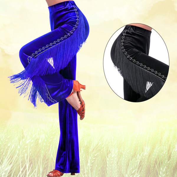 Velvet tassels latin ballroom dance pants for women Jitterba dance clothes  fringed trousers modern dance diamond-studded Latin dance practice pants  women