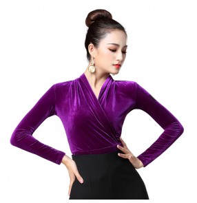 Velvet women's ballroom dance tops long sleeves v neck violet black royal blue competition stage performance samba rumba chacha dance shirts blouses