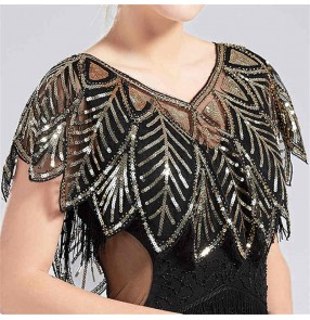 Vintage black with gold Sequin Tassel Evening Party dress Cape 1920s singers Flapper dresses Fringed Shawl Wraps Embroidery Pullover Wedding Bridal Shawl Scarf