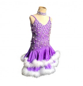 Violet feather latin dancing dresses for girls children beads rhinestones competition professional samba salsa chacha dancing dress skirts