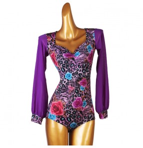 Violet floral latin ballroom dancing bodysuits stage performance salsa chacha rumba dance catsuits latin dance jumpsuits for female