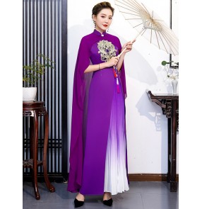 Violet green red Chinese dress for women oriental Catwalk retro cheongsam long performance costume miss etiquette show singers dresses