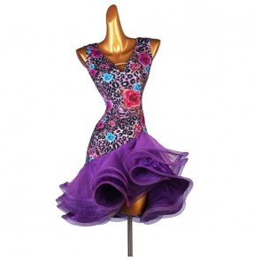 Violet leopard flowers latin dance dress for women girls stage performance competition salsa rumba chacha dance dress 