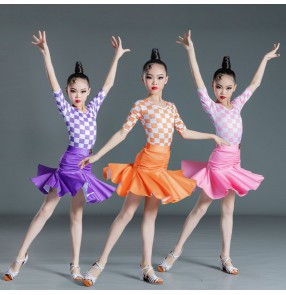 Violet orange pink plaid latin dance dress for Kids girls modern salsa latin ballroom dance Leotard tops skirt for kids dance outfits for children
