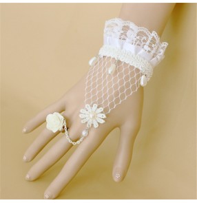Weddingh party bride White rose lace pearl bracelet with rings female hand ornament bracelet with ring one chain bridal jewelry