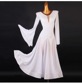 White ballroom dance dress for women girls long sleeves ballroom dance skirt waltz tango foxtrot stage performance costumes for female