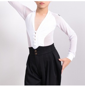 White black colored ballroom latin dance shirts for boys kids children ballroom latin dance leotards top for kids