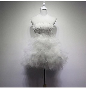 White black feather solo singers stage performance dress for women girls Banquet cocktail party evening dress Short feather host Video photos shooting white pettiskirt