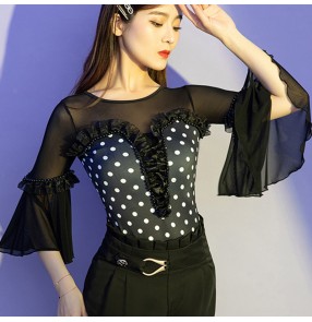 White black polka dot ruffles ballroom latin dancing tops shirts for women girls ballroom salsa rumba waltz tango cha cha practice performance dance blouses