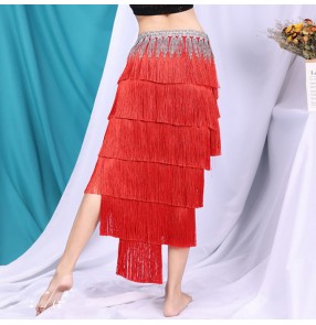 White black silver fringed Latin dance skirt skirt for women green red blue irregular Six-layer tassel competition practice clothes Dance bottom for female adult