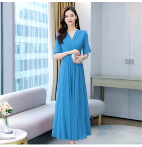 White blue long Chiffon dress female fairy sexy slim plus size swinging beach resort long skirt v neck beach dresses