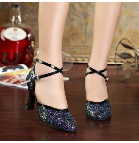 White blue Sequin Latin ballroom dance shoes for women soft-soled cow leather modern waltz tango foxtrot smooth dance shoes salsa chacha dancing shoes