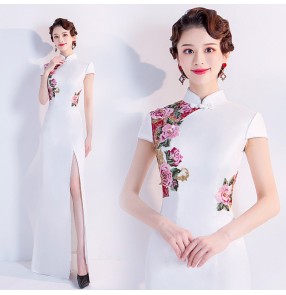 White chinese dress evening dress oriental traditional chinese style cheongsam stage performance host singers miss etiquette show dresses