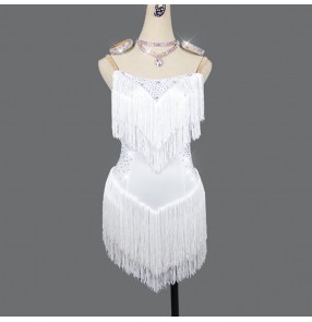 White color tassels competition latin dance dress for girls women rhinestones stage performance latin salsa dance dress