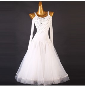 White colored competition ballroom dancing dresses for women girls kids waltz tangofoxtrot smooth dance long skirts for female 