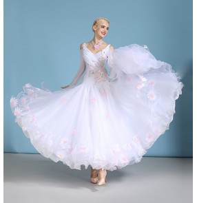 White competition ballroom dance dress for women girls standard smooth foxtort dance waltz tango competition dance dress diamond-studded performance skirt