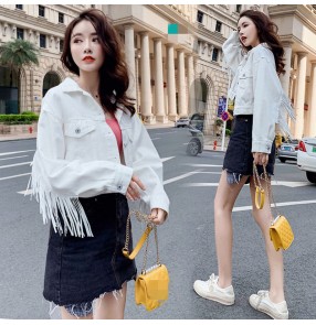 White Denim short coat for women girls korean fashion tassel short jacket