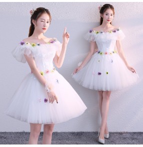 White flowers Evening dress for women girls pettiskirt short bridesmaid dress cocktail banquet party prom dress host singers performance dresses