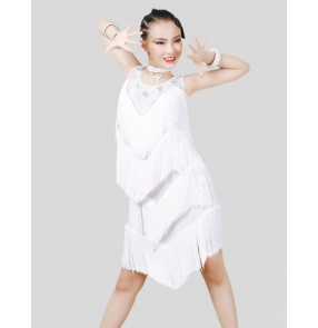 White fringed diamond competition latin dance dress for kids children girls tassels professional stage performance latin dance skirts 