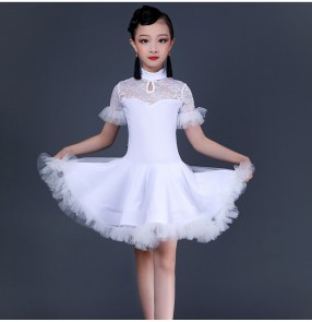 White lace ballroom latin dance dress for kids children salsa latin dance costumes for girls 