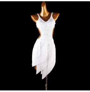 White rhinestones tassels Professional competition Latin dance dresses for women girls performance competition V-neck Latin dance fringed one-piece skirt dance skirt