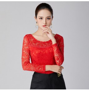 White royal blue yellow black Lace Women ballroom dancing tops for women modern dance long-sleeved professional national standard dance square dance dress female tops classical practice clothes