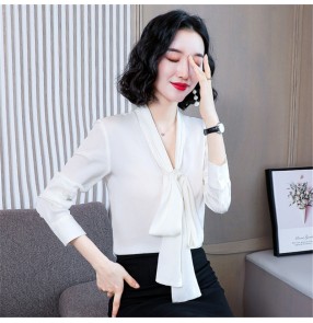 White Satin office shirt women Lace-up bowknot collar blouses professional shirt blouse Korean version loose long sleeve shirt