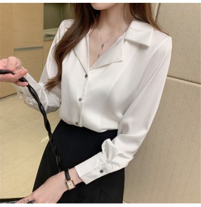 White Satin shirt office lady blouses women's suit lapel collar retro shirt spring and autumn imitation silk ladies top