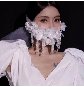 White tulle flowers crystal tassel mask for women girls half face mask sexy cold masquerade cosplay mask film perform killer cos mask