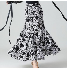 White with black floral printed Modern ballroom dance skirt National standard waltz tango dance skirt foxtort irregular waltz big skirt