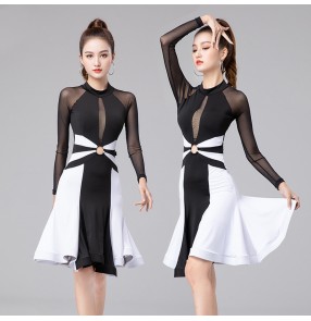 White with black latin dance dresses for Women Girls patchwork long sleeves sexy salsa rumba cha cha dance costumes for Female