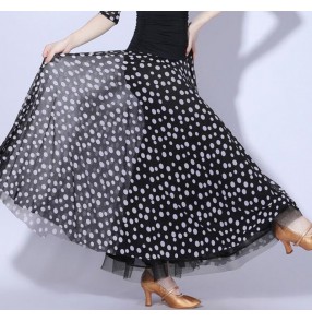 White with black polka dot chiffon ballroom dance skirts for women Adult female ballroom dancing polka dot mesh foxtrot waltz tango dance skirt