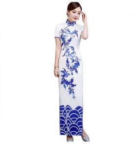 White with blue chinese dress china qipao dresses traditional oriental dress model show stag performance miss etiquette dress