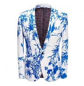 White with blue floral printed jazz dance blazers for men male youth stage performance chorus choir singer host groomsman photos dress suit for man
