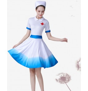 White with blue Medical nurse choir performance dress for women doctor dance performance clothing white angel dance skirt youth modern dance chorus dress