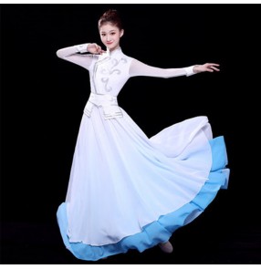 White with blue mongolian dresses stage performance chinese folk dance minority mongolia stage performance dresses