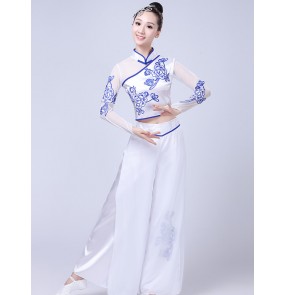 White with blue porcelain chinese ancient traditional folk dance costumes for women yangko umbrella fan dance clothes for female 